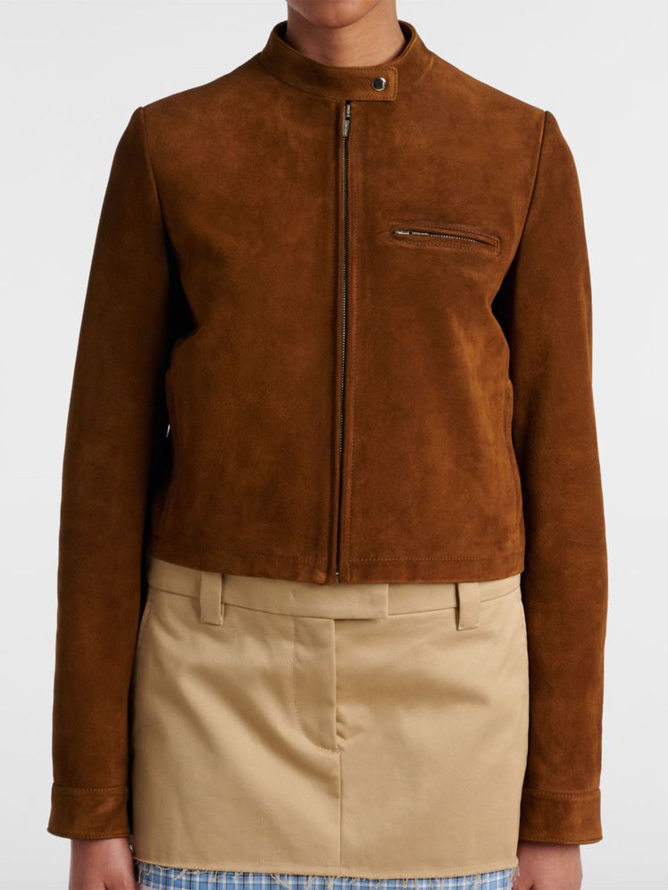 Image may contain Clothing Coat Jacket Suede Fleece Long Sleeve and Sleeve